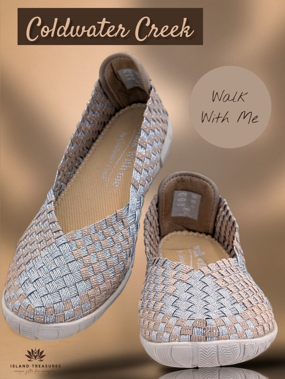 Coldwater Creek Walk With Me Size 7.5W Taube/Silver Cushioned Woven Ballet Flats